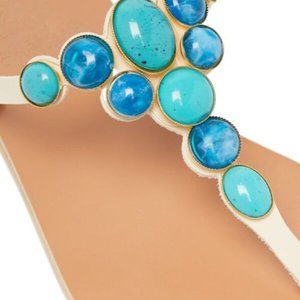 Ancient Greek Sandals, white leather turquoise stones, size 36
